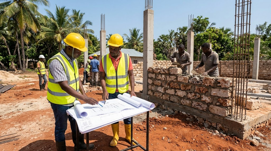 Construction site with workers in hard hats reviewing blueprints and laying blocks at a coastal development