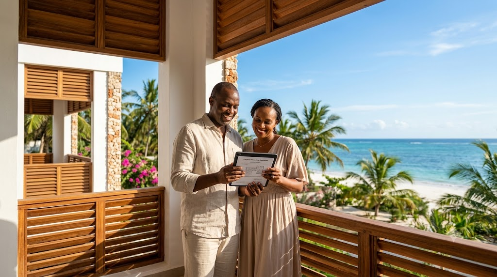 Couple relaxing together on a tropical wooden balcony overlooking the Indian Ocean