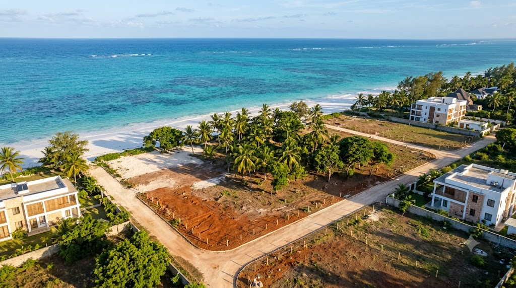 Aerial drone view of beachfront development land at Diani with palm groves, access road and the Indian Ocean