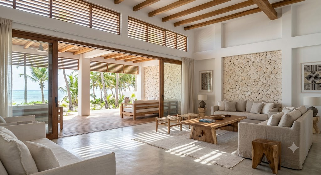 Open-plan tropical living room with stone feature wall and sliding glass doors opening to an ocean-view deck